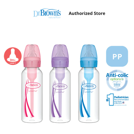 Dr. Brown's Anti-Colic Options+ PP Narrow Neck 8oz/250ml Bottle, Pink/Purple/Blue, 2 Bottles, Level 1 Teat
