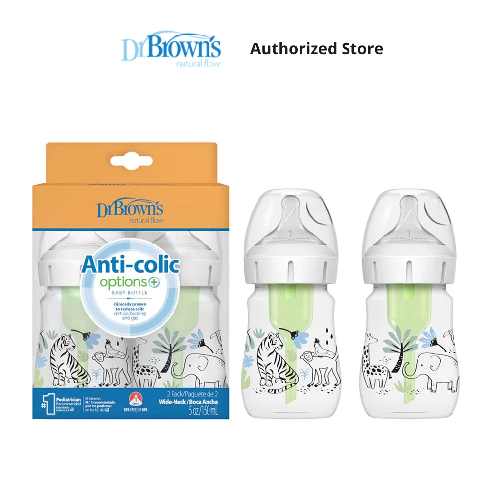 Dr. Brown's Anti-Colic Newborn Options+ PP Wide Neck 5oz/150ml Bottle, Jungle, 2 Bottles, Level 1 Teat