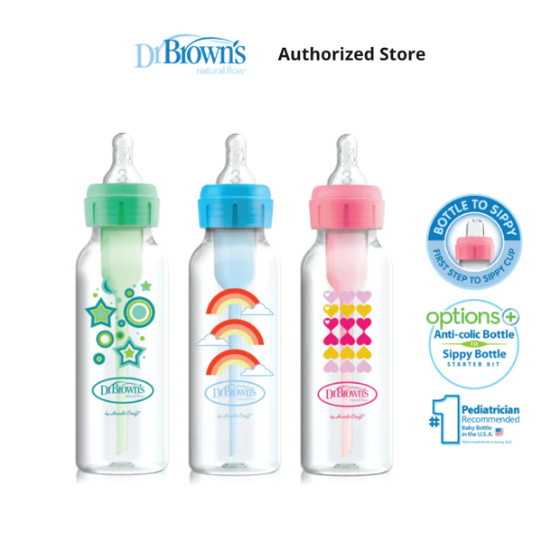 Dr. Brown's Anti-Colic Options+ PP Narrow Neck Sippy Starter Kit 8oz/250ml Bottle, Rainbow/Stars/Hearts, 1 Bottle, Level 3 Teat + Sippy Teat