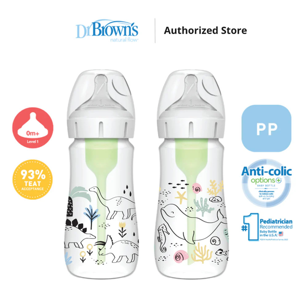 Dr. Brown's Anti-Colic Options+ PP Wide Neck 9oz/270ml Bottle, Multi Dino/Ocean Whale, 1 Bottle, Level 1 Teat