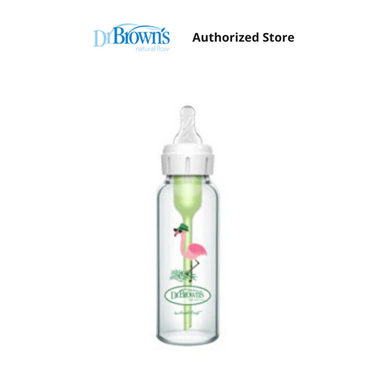 Dr. Brown's Anti-Colic Options+ Glass Narrow Neck 8oz/250ml Bottle, Flamingo, 1 Bottle, Level 2 Teat