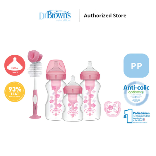 Dr. Brown's Anti-Colic Options+ PP Wide Neck Baby Bottle Gift Set - BPA/PFOA Free, Silicone Nipple, Anti-Reflux - Blue/Pink