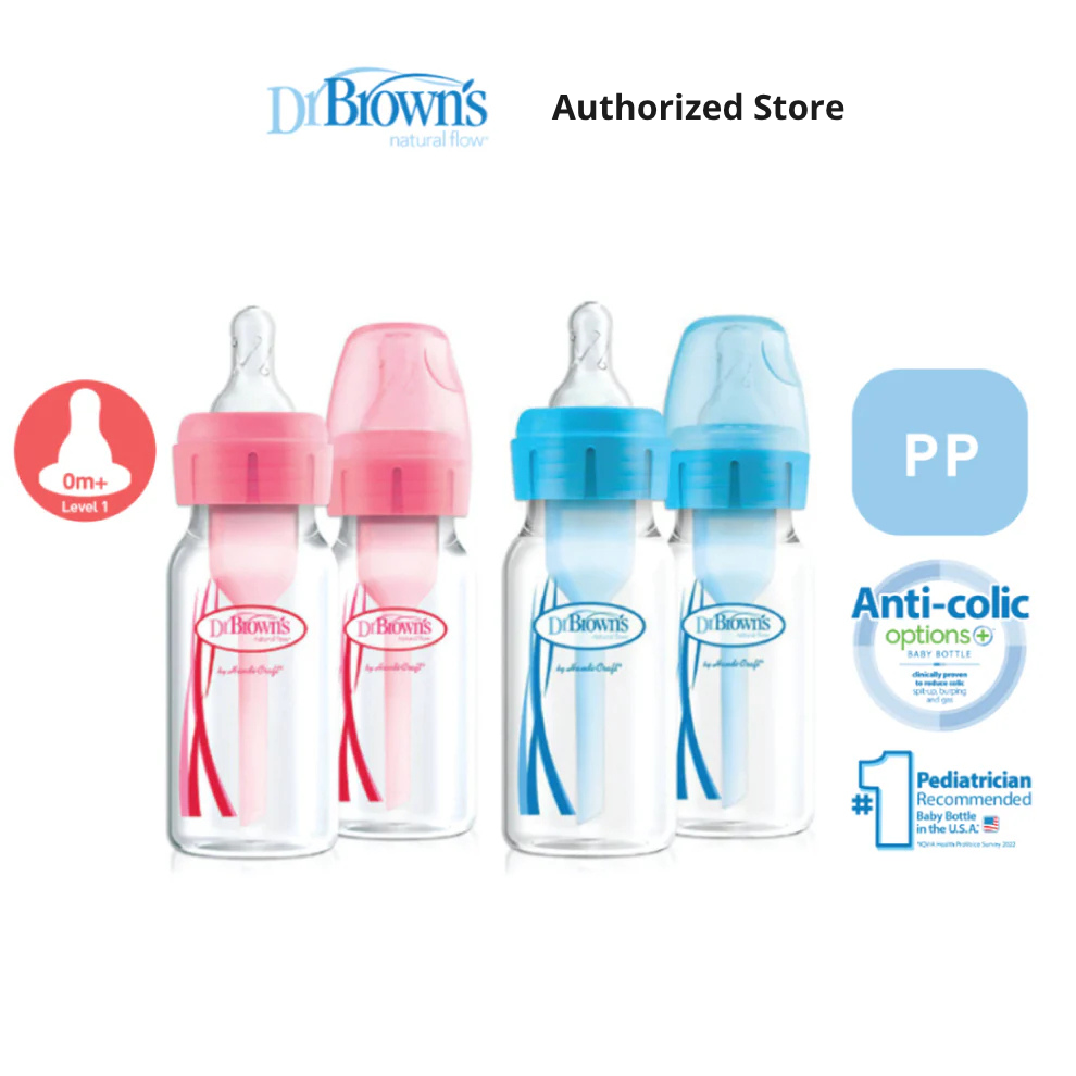 Dr. Brown's Anti-Colic Newborn Options+ PP Narrow Neck 4oz/120ml Bottle, Pink/Blue, 2 Bottles, Level 1 Teat