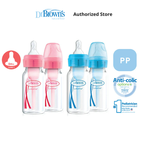 Dr. Brown's Anti-Colic Newborn Options+ PP Narrow Neck 4oz/120ml Bottle, Pink/Blue, 2 Bottles, Level 1 Teat
