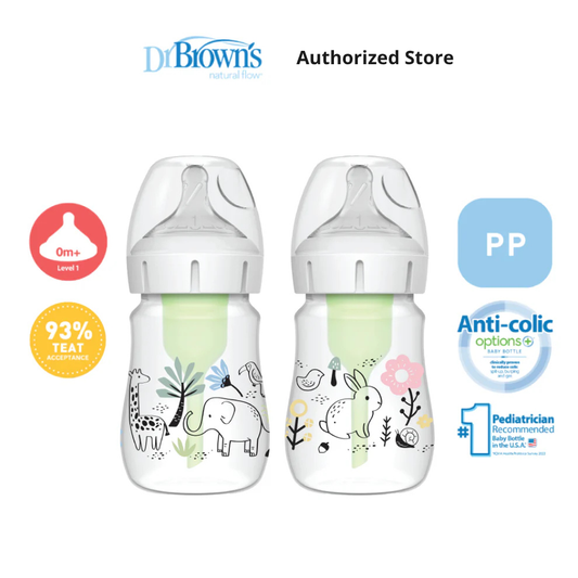 Dr. Brown's Anti-Colic Newborn Options+ PP Wide Neck 5oz/150ml Bottle, Jungle Elephant/Woodland Bunny, 1 Bottle, Level 1 Teat