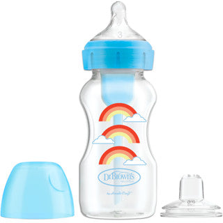 Dr. Brown's Anti-Colic Options+ PP Wide Neck Sippy Spout 9oz/270ml Bottle, Blue Rainbow, 1 Bottle, Level 3 Teat + Sippy Teat