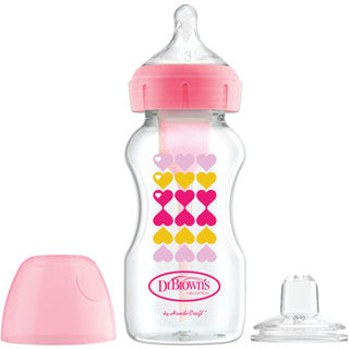 Dr. Brown's Anti-Colic Options+ PP Wide Neck Sippy Spout 9oz/270ml Bottle, Pink Heart, 1 Bottle, Level 3 Teat + Sippy Teat