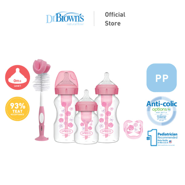 Dr. Brown's Anti-Colic Options+ PP Wide Neck Baby Bottle Gift Set - BPA/PFOA Free, Silicone Nipple, Anti-Reflux - Pink