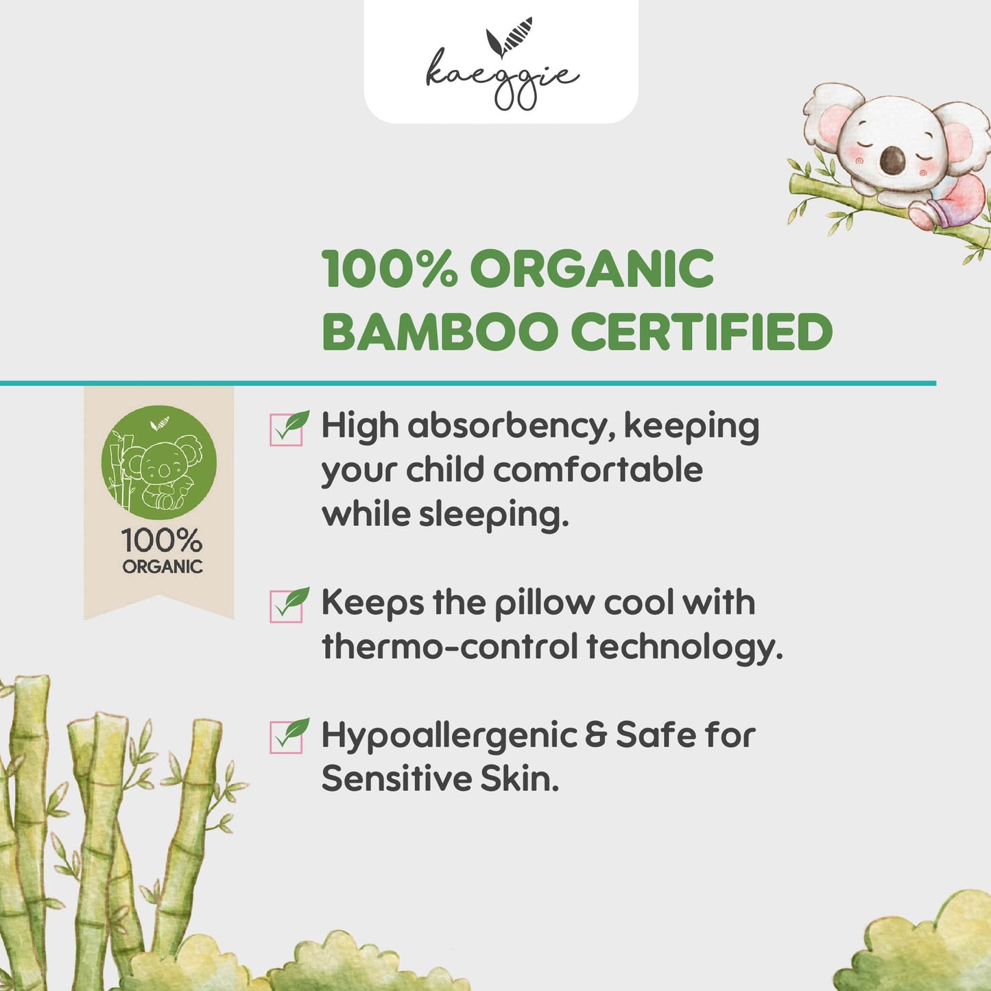 Kaeggie Organic Bamboo Pillow  ( S, M, L ) - Grey
